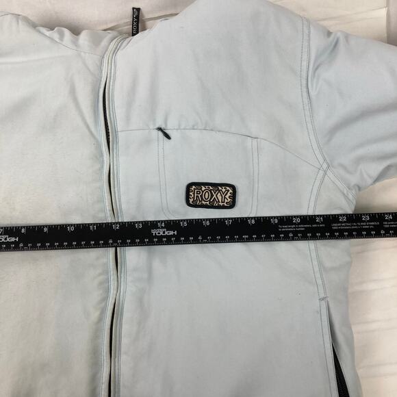 Roxy Hooded Jacket Women L Baby Blue Animal Print Lined Faux Fur Snow Ski Winter - Picture 13 of 14